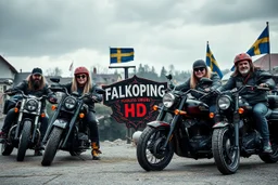 a very hard and tuff motorcycle young gang with Keltic hair , not old, posing with their Harley Davidsson bikes, some of them holding guns and shotguns, a logo sign with "FALKÖPING HD", "FEARLESS SINNERS" Skulls and bones, skeletons and fire, Swedish town Falköping in background, Swedish flags on bikes, Simon Stålenhag style