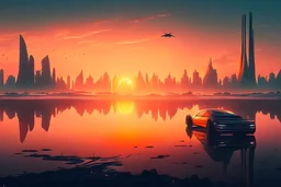 distant city, cars, sunset, lake, sci-fi, epic