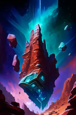 Towering starship fortress in red canyon with blue and green mineral rocks nebula starry sky painterly rpg art