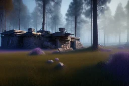 military outpost , in the hills , day time , unity, scriptable render pipeline , lighting , volumetric , global illumination, fog ,blue emission , purple tone.