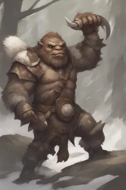 Dnd a young bugbear with WHITE fur and leather armor, tusks