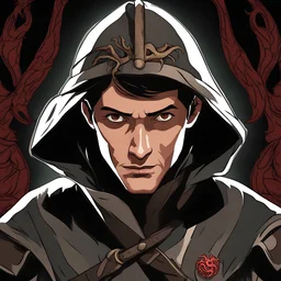 A thin man with dark hair, brown eyes in a medieval costume with the Targaryen Dragon House emblem