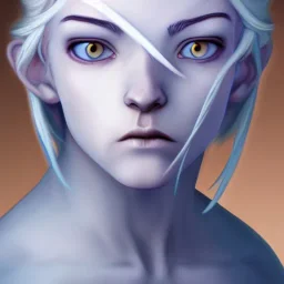 Female Air Genasi Monk with pale blue skin color, white hair, grey eyes, and serene facial expression.