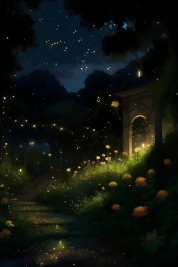 generate me an image of luxurious gardens with tall overflowing foliage and beautiful flowers at night with fireflies