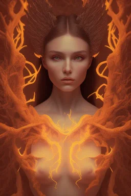 portrait photography of an ethereal beautiful animal goddess, Fire theme art, Dark moody night atmosphere, Portrait of a woman by Michelangelo, 8K, close-up face, anatomically perfect face, oak tree roots, ignore NSFW