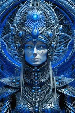 An alien wearing a bioluminescense blue zafír biomechanical silver metallic diadem headress, wearing biomechanical amalgamation style leather jacket dress ribbed with silver floral metallic filigree biomechanical vantablack pattern, organic bio spinal ribbed detail of gothic winter backround extremely detailed maximalist hyperrealistic portrait art