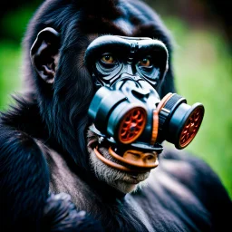 Ape, Primate, hominid, breathing device, respirator, Dystopian, Extreme depth of field, bokeh blur, Alberta, all-natural, in the style of candid, Fuji Film, Anamorphic lens