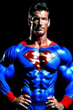 extremely muscular, short, curly, buzz-cut, military-style haircut, pitch black hair, Paul Stanley/Elvis Presley/Pierce Brosnan/Jon Bernthal/Sean Bean/Dolph Lundgren/Keanu Reeves/Patrick Swayze/ hybrid, as the extremely muscular Superhero "SUPERSONIC" in an original patriotic red, white and blue, "Supersonic" Super suit with with an America Flag Cape,