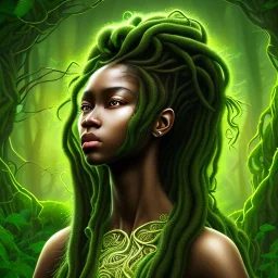 Painting .the face of A young black woman. A wood nymph emerging from the forest. Her hair looks like vines. Dreadlocs. Her skin is the colour of dark soil. Her skin looks like tree bark. Her clothing is made of vines, grass and leaves.