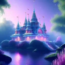 very beautiful crystal building , elegant, cascades, trees, atmospheric, realistic, cinematic lighting, pink blue light, 8k, galactic atmosphere, flowers