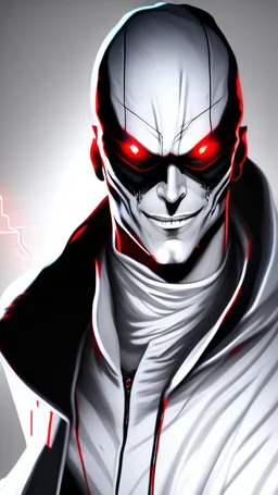 Concept art of a computer game character, blackandwhite, in two projections, An assassin man in a white hooded suit, evil look, evil smile, glowing red background, black lines, blond hair, black eyes