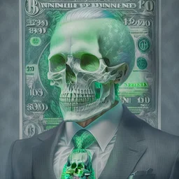 a head and shoulders portrait of a skeleton dressed in a three-piece suit as the president of the united states, based on us currency, united states one dollar bill, shades of green, real-life, colors match the united states one dollar bill, realistic, robotic,