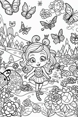 coloring pages for kids, Texto " Lisbeth Del Valle " en alta definición, caracterizado al estilo de Cute hello kitty, halloween y flores, ilustración, mariposas,renderizado 3d, vibrante, 3d render, typography, fantasy art , cartoon style, thick lines, low detail, black and white, no shading, --ar 85:110