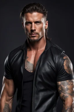 portrait of a 35 year old Handsome, rugged and muscular male with lightly tanned skin and tattoos. long brown hair and a goatee beard. wearing an black jeans, a teeshirt and a leather jacket. photorealistic