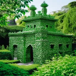 A green castle covered in leafy foliage designed in Chinese paper art painted by Keith Haring