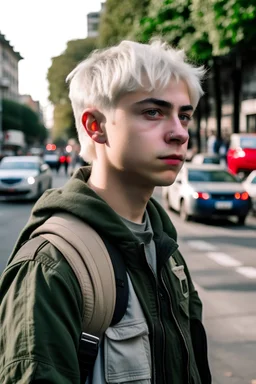 A white-haired teenager on a street in a military battle