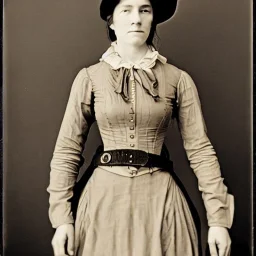 sepia photo of Belle Starr, female outlaw gunslinger, 1800s dress and hat, holding a rifle, holster and gunbelt around her waist, 8k, high-quality, ultra-fine detail, Brian Froud, Howard Lyon, Alfredo Rodriguez, Jack Sorenson, G. Harvey, Annie Stokes, Greg Rutowski