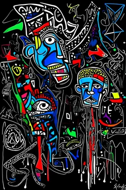 expressionism, Pixar style, in abstract art Basquiat, Picasso, Miro, Kandinsky, Klee, Birell, Fairey, Ardon, Buffet and Picasso style, HD --s 750 --v 5.1 --style raw, water color, black background