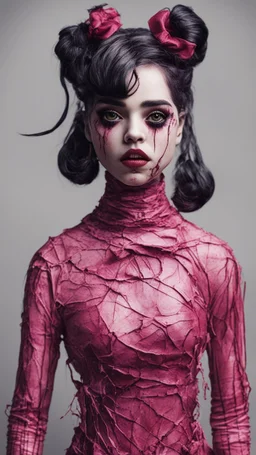 full color, illustration of a darkred and pink tones, menacing, Singer Melanie Martinez face, as a decayed, broken, skin turned translucent, black veins that extended like roots beneath her skin, latex suit, crude homemade cloth doll toy, with a narrow cracked porcelain face, thick dark eyebrows, hair in two gradually, made from ragged strips of cloth, in the style of Alex Pardee, Tim Burton, and Nadya Sheremet