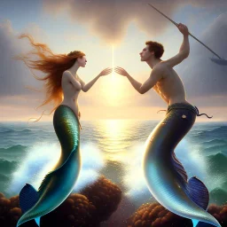 A beautiful portrait of a two mermaid couple kissing , leaning on a ships deck ,Rough sea in the background, a shark,snails, seashells (digitall art by Eugene de Blaas and Ross Tran, vibrant color scheme, highly detailed, in the style of romanticism, cinematic, artstation best quality, realistic lighting, masterpiece portrait, details light dusting , cowboy shot from above, simple chain hauberk Vector art digital illustration 3D shading )