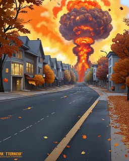 town street with a nuclear explosion in the distance, autumn colors, leaves falling on street, leaves falling in foreground, light source is the nuclear explosion, yellow orange brown pallet, very low vantage point, digital painting