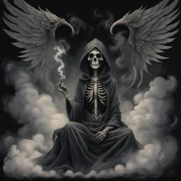 women sitting on a dark background. Her their face turned upwards and blows cigarette smoke from their mouth, The dominant colors are black and gray. It depicts a figure with wings emerging from its back. a hooded skeleton can be seen behind the clouds of smoke. he holds a scythe in one hand and a touch person in the other