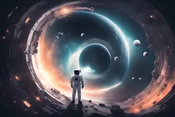 #image abstract minimalistic space picture with a astronaut coding in space with big spaceship in the space and overlooking a blackhole that is covered my human machinery.