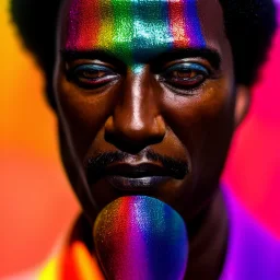 masterpiece, best quality, old man, dark skinned, sparkling eyes, fluorescent skin, colorful makeup, afro, head shot, highly detailed body, sun light, 4K, RAW, depth of field, high contrast, realistic details, 24mm