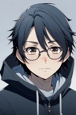 An anime man with glasses, fluffy black hair, wearing a hoodie