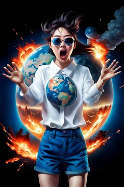 An image of a young Korean woman with a surprised expression, holding her hands up as if she is reacting to a catastrophic event in front of her. She is wearing a white blouse with detail, blue shorts, and sunglasses pushed up onto her head. In front of her, there is a highly detailed planet resembling Earth, dramatically cracking and breaking apart with fiery explosions and molten lava visible at the fractures. Debris is flying outward from the planet. The background is stars/space