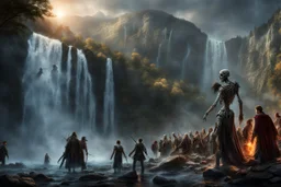 skeletons, zombies, banshees, wraiths and ghosts killing humans at the foot of a 3.000 feet high waterfall. fantasy setting, horror. exquisite realism, a masterpiece, fantasy concept art, dynamic lighting, hyperdetailed, intricately detailed, deep color, Unreal Engine, volumetric lighting, Epic cinematic brilliant stunning intricate meticulously detailed dramatic atmospheric maximalist digital matte painting