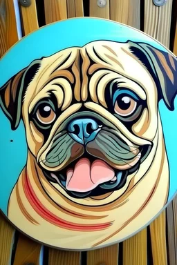 make a round-shaped art with one happy Pug. At the bottom of the art I want a white stripe to write a name