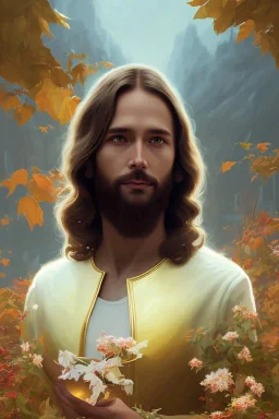 Jesus portrait , detailed hands, at dawn by atey ghailan, golden light , white robe, holding leaves and flowers , angels background, volumetric light, high detail, red leaf tree, mountains in background, perfect