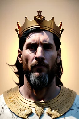 Ultra Realistic image, sculpture, white marble material, Lionel Messi, gold laurel leaves crown, gold veins, gold ornaments, Renaissance style, sun rays background, waist up portrait, epic, celestial, cinematic lighting, God lights, 4k resolution, smooth details, soft lighting, unreal engine 5, art station, substance 3d.