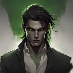 standing male, young orc, male, 2d, portrait, white shirt, black pants, magic on the background, poster, blood, Charlie Bowater, smirk, cinematic illustration, light green skin, charismatic face,