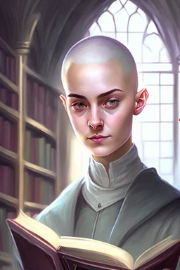 full color portrait drawing, portrait, fantasy setting, 22-year old female human cleric, shaved head, light eyebrows, grey eyes, background library