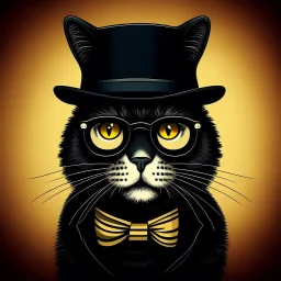 Drawing of a surprised cat with black jacket, hat and glasses, NFT style