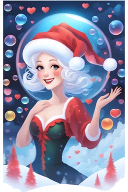 Christmas Themed -- Multicolored 3D Bubbles, multicolored, Floating 3D hearts with an electrical current, fog, clouds, somber, ghostly mountain peaks, a flowing river of volcanic Lava, fireflies, a close-up, portrait of an Mrs. Santa Claus, smiling a big bright happy smile, wearing a red bikini with white ruffles, black fishnet stockings, black, knee-high platform boots, in the art style of Boris Vallejo