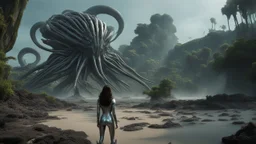 Wide-angle shot of a woman, standing on the right side on an alien beach, with dark hair in a silver robotic catsuit, many floating aliens with long tentacles, alien jungle trees in the distance detailed matte painting, deep colour