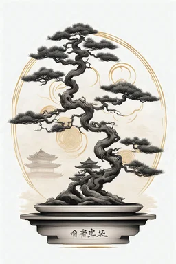 Chinese Bonsai tattoo design , classic chinese art style, white background, golden ratio sketch