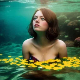 Emma Stone underwater with yellow flowers for hair, closed eyes, rtx, reflection, 8k, glow, winning photography, caustics