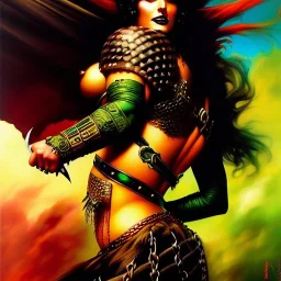 portrait oil on canvas, beautiful punk busty female Savage Barbarian Warrior,green eyes, ,minimal armor,comic book cover, mystical colors,insanely detailed,realistic,intrincate detail, 16k resolution, masterpiece,Frank Frazetta,Alex Horley, Simon Bisley