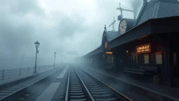 A surreal train station emerges from the mist, its twisted tracks leading to unknown destinations. The station is adorned with intricate clockwork details and glowing neon signs, giving it an otherworldly feel.