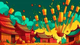 fantasy cartoon style illustration: bamboo firecrackers make loud noises in a small Chinese village