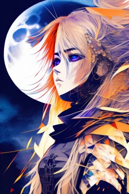 Explosive abstract collage style image of a beautiful anime warrior girl, beautiful blond hair and features, dramatic, pieces of cloth material, textured moon in background, bob wire, gothic surroundings, textures