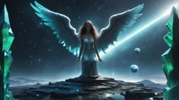 angels with a beautiful face with a wings siting on the monolith made of tiberium crystals of lights, matrix universe, planets on the back grounds, green crystals of tiberium on the life and right