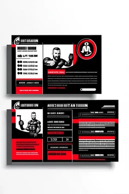 business card layout for a realistic gym instructor, red and black, vector art with gym machines, white background with email, address, phone number and Instagram icons