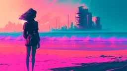 synth-wave beach & city, lone girl, iconic:1.8),