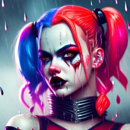 Harley Quinn, violent, high delicate defined details, beautiful, atmospheric, rain, matte, 3 d 8 k octane rendered, sharp focus, illustration, high detail, ultra realistic, highly saturated colors