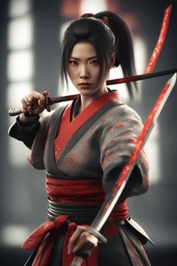 woman samurai red sword 3d render photo, cinematic